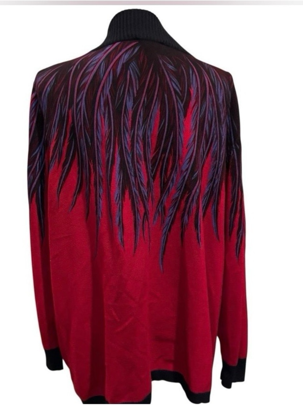 Bob Mackie Red Pullover Cardigan with Black and Purple Feather Motif